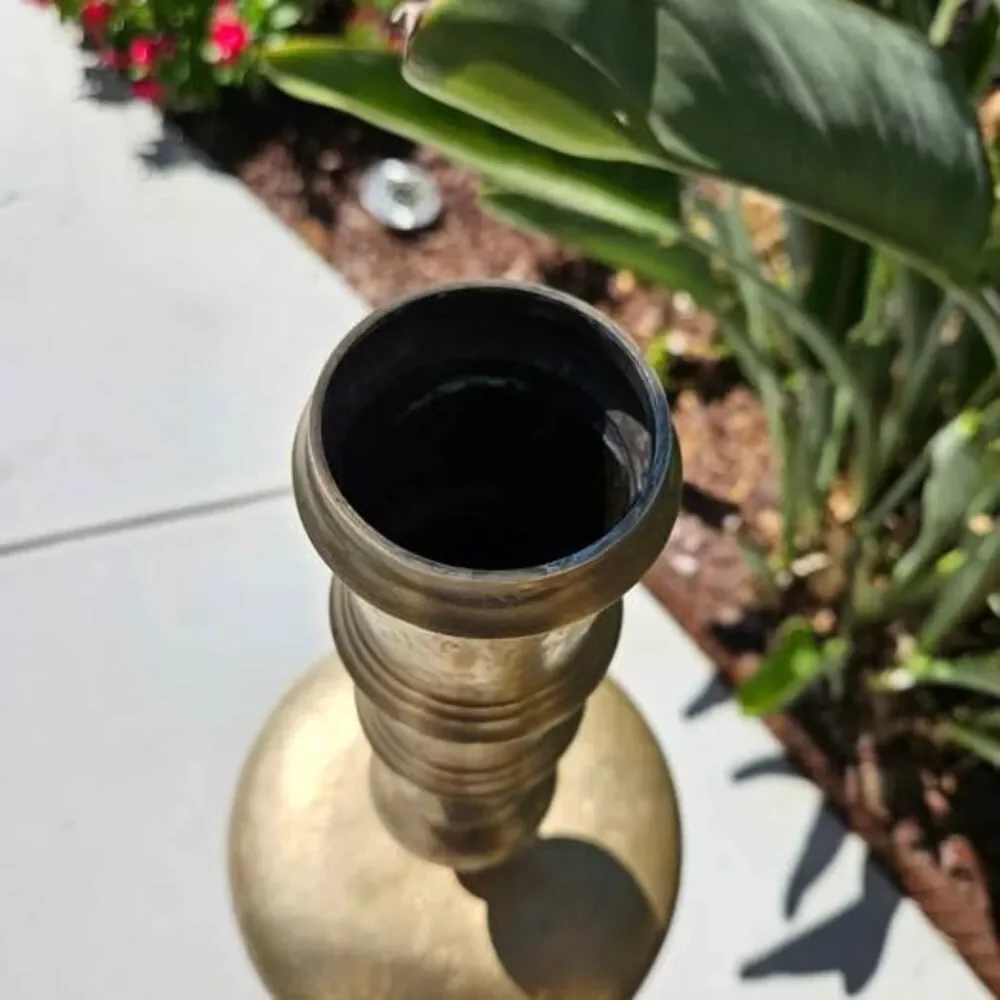 Vintage Pair of XLarge Etched Brass Floor Candle Holders